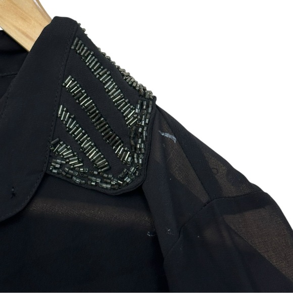 Forever 21 Black Long Sleeve Sheer Button Up Beaded Collar NWT - Womens Medium - Picture 4 of 7